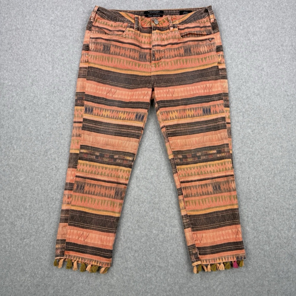 Scotch & Soda Jeans Womens 34x23 Orange Aztec Johnny Boyfriend Capri Tassels